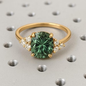 Vintage 2ct Natural Olive Green Sapphire Engagement Ring | 14k Yellow Gold Teal Sapphire Wedding Ring | Diamond Cluster Women Promise Ring