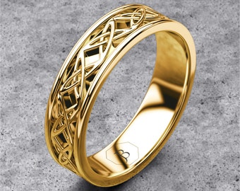 Gold Celtic Band, Mens Celtic Ring, Celtic Wedding Band, Womans Ornate Celtic Norse Ring, Viking Ring, Warrior Ring Band, 14k Yellow Gold