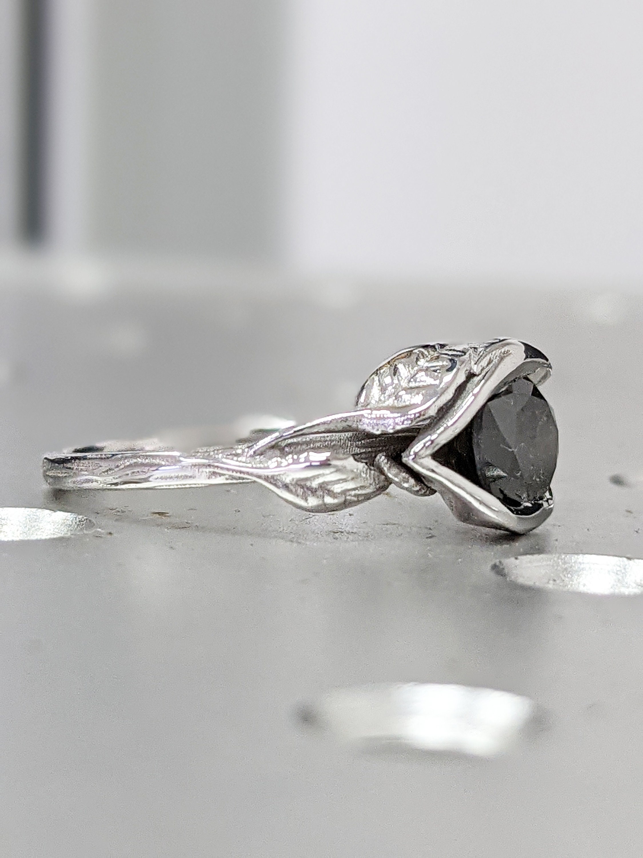 Raw Salt and Pepper Diamond Ring White Gold Brushed Lotus Etsy