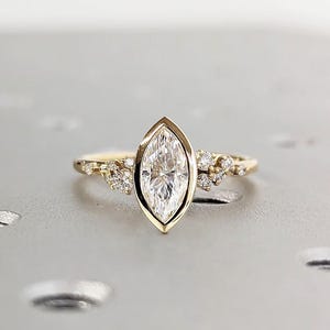 Marquise Engagement Ring, 18k Gold Moissanite Rings for Women, Bezel Set Ring, Unique Marquise Ring, Bezel Set Engagement Ring, Cluster Ring