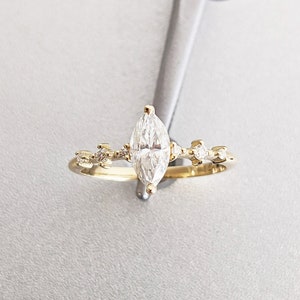 Unique Dainty Minimalist 14K Yellow Gold Marquise White Moissanite Promise Ring | Small Delicate Womens Gold Engagement Ring Gift for Her