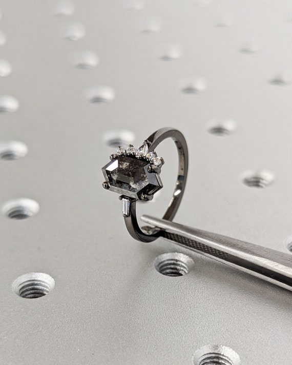 Hexagon Cut Grey Diamond Cluster Ring Salt and Pepper Diamond Ring Cluster Engagement Ring Diamond Cluster Diamond Ring Engagement Ring Etsy Canada