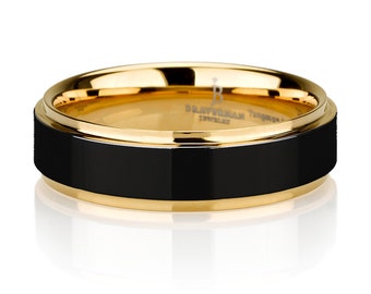 Black Tungsten Ring Yellow Gold Wedding Band Ring Tungsten Carbide 8mm 14K Tungsten Ring Man Wedding Band Male Women Custom Anniversary Size
