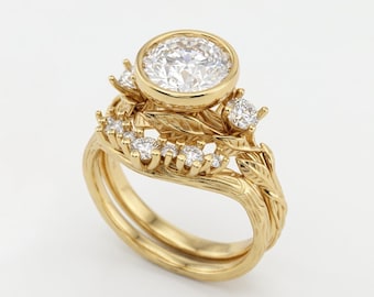 14k Solid Gold Bezel Lab Created Diamond Engagement Ring Set, Nature Ring