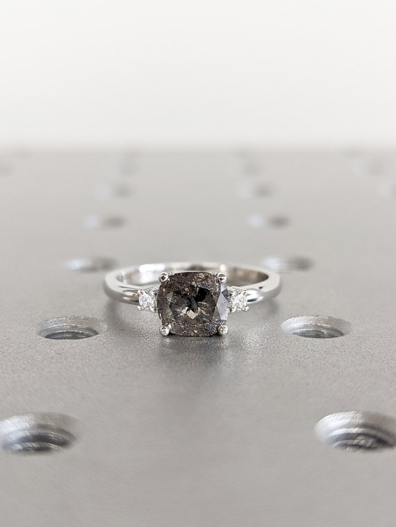 Salt And Pepper Diamond Cushion Ring, Salt And Pepper Diamond Vintage Engagement Ring, Vintage Cushion Ring, Raw Diamond Ring, Raw Cushion