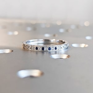 Solid Gold Sapphire Wedding Band, 14k Gold Eternity Ring for Women, Thin Stacking Ring, Blue Gemstone Ring, Minimalist Diamond Sapphire Ring