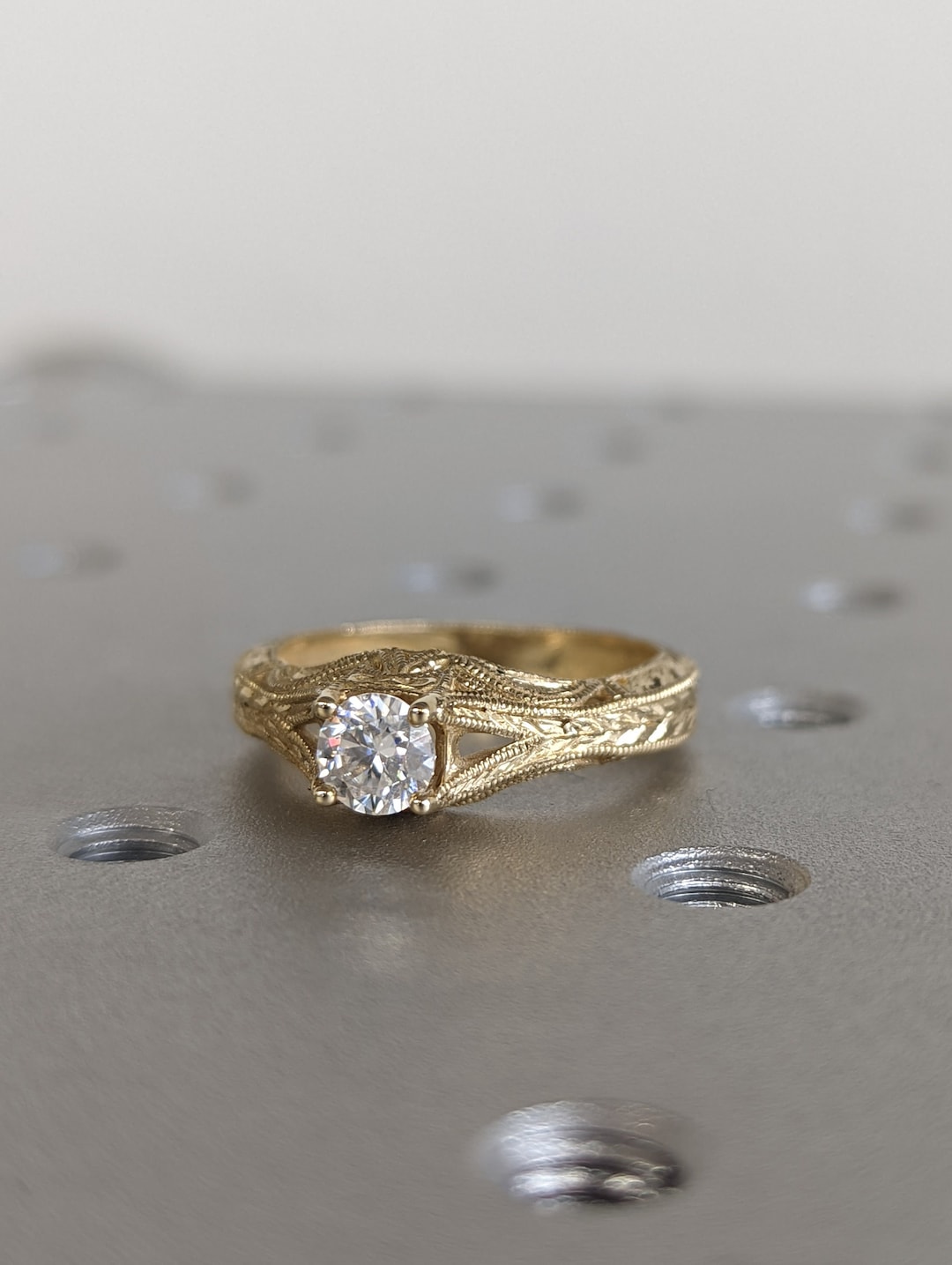 Vintage Moissanite Engagement Ring 14k Yellow Gold Art Deco Wedding