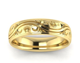 May include: A gold wedding band with a floral design. The band is smooth and polished, with a delicate floral pattern engraved around the entire band.