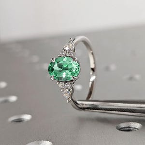 Unique Green Lab Sapphire Ring | Solid White Gold Sapphire and Diamond Promise Ring | 14k Gold Rings for Women | Oval cut Engagement Ring