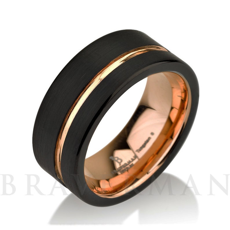 Black Tungsten Ring Rose Gold Wedding Band Ring Tungsten 9mm Etsy