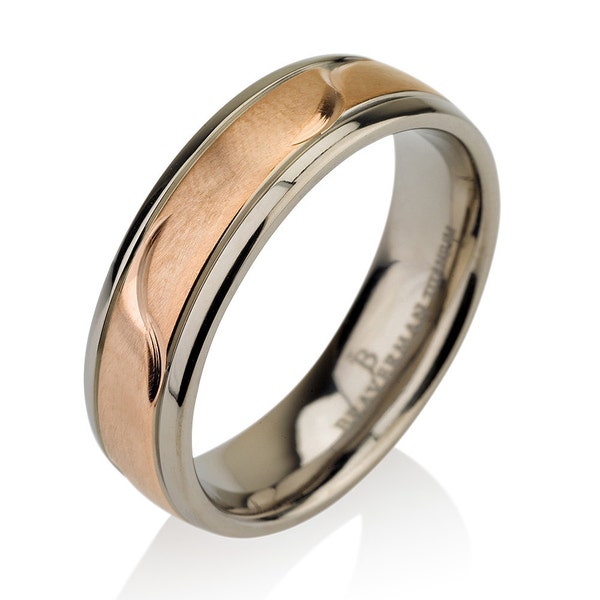 14k Rose Gold Plate Delicate Ring Brushed Titanium Band, Titanium Wedding Ring, Titanium Wedding Band, Leaf Ring, 6mm Comfort Fit