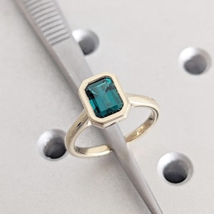 Bezel set Lab Created Emerald Ring | Solid Gold Rings for Women | Solitaire Simple Promise Ring for Her | Green Emerald May Birthstone