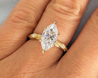 Vintage Engagement Ring for Women | Yellow Gold Marquise Cut Lab Grown Diamond Wedding Ring for Her | Top Graded Diamond Ring Gift For Her