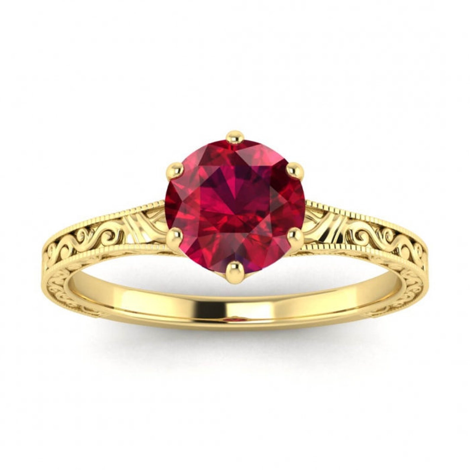 14k Rose Gold Corinne Scrollwork Engraving Ruby Ring, Wave Engraving ...