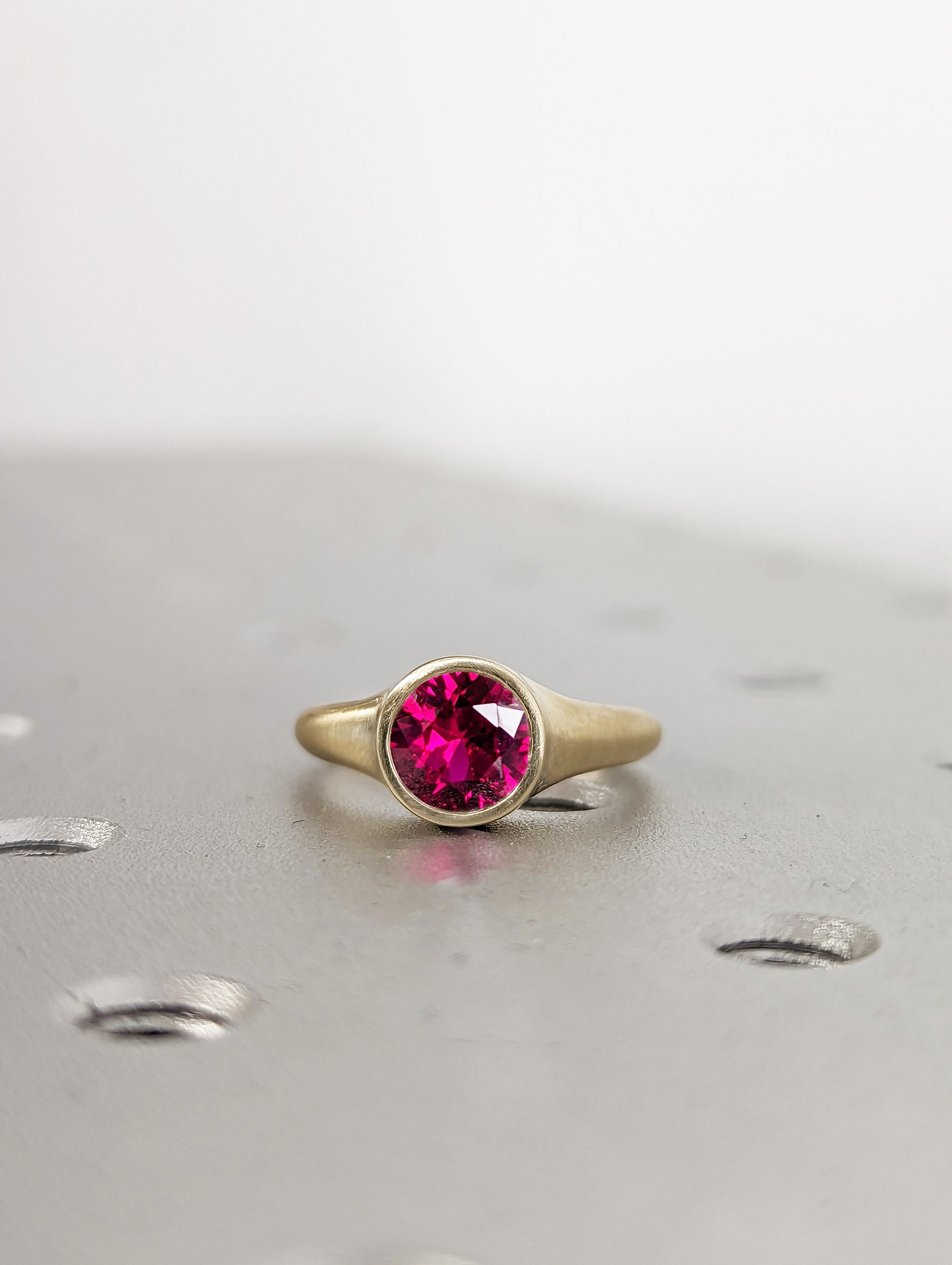 14K Solid Gold Ruby Round Stacking Signet Ring, Gold Ring Bezel Set ...