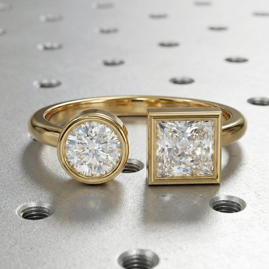 14k Solid Gold Open Wedding Band Ring | Two Stone Engagement Moissanite ...