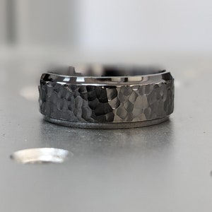 Mens Wedding Band Comfort Fit Hammered Black Zirconium Ring Black Zirconium Wedding Band 8mm Curved Edges Brushed Finish