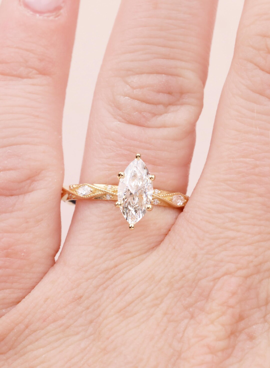 Vintage Art Deco Marquise Moissanite Solitaire 18K Yellow Gold Milgrain ...