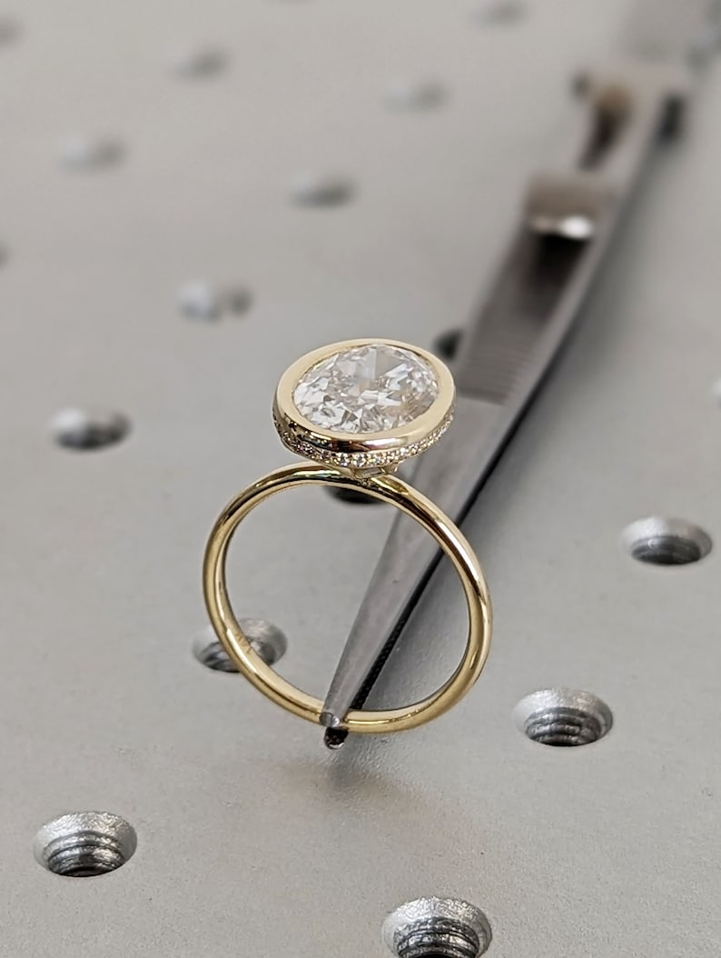 4ct Oval Crush Ice Moissanite Solitaire 14K Yellow Gold Moissanite Hidden Halo Proposal Ring