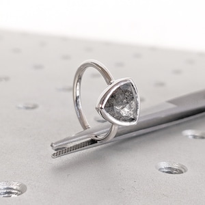 14k Gold Bezel Ring, Salt and Pepper Diamond Engagement Ring, Trillion Cut Ring, Diamond Solitaire Rings for Women, Birthday Gift for Wife
