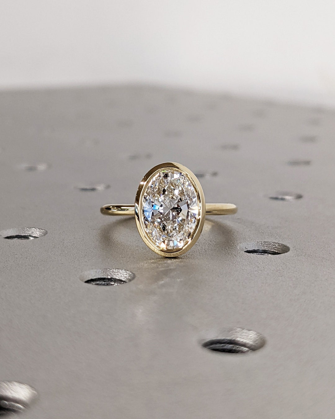 Oval Bezel Solitaire Ring Brilliant Cut Lab Diamond Engagement Ring ...