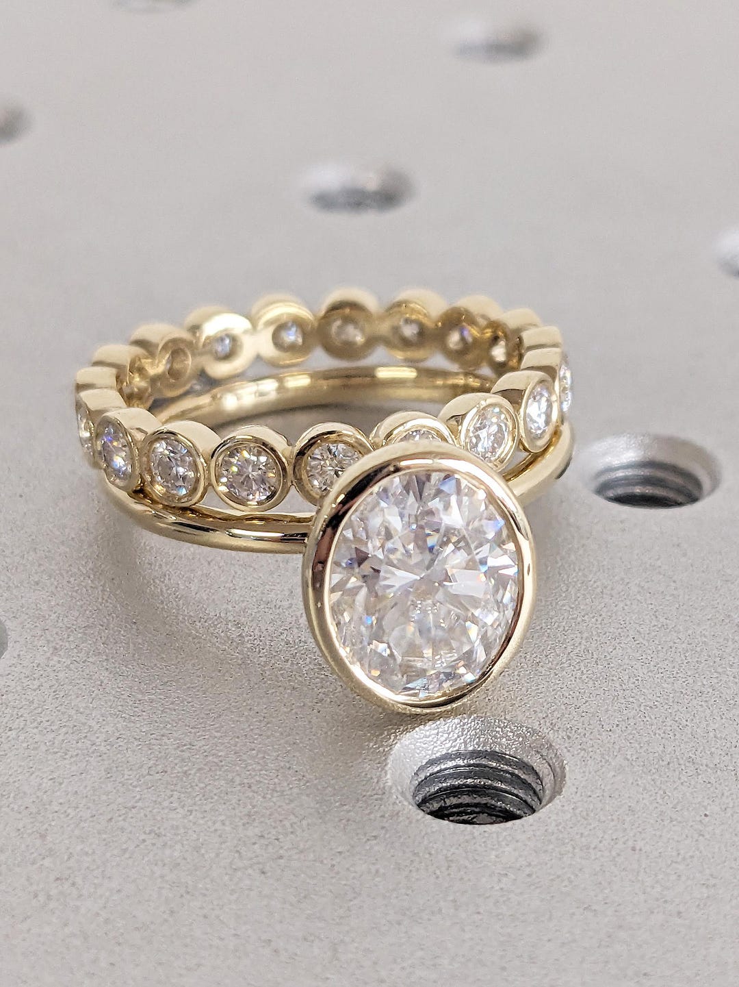 Oval Moissanite Bezel Engagement Ring Set, 14K Yellow Gold Eternity ...