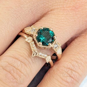Green Emerald Engagement Ring Set | Rose Gold Emerald Ring | Vintage Lab Diamond and Emerald Ring | 2pcs Wedding Ring Set, Promise Ring