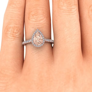 14k Rose Gold Tear of Joy Pear Halo Pear Morganite and Diamond Ring ...
