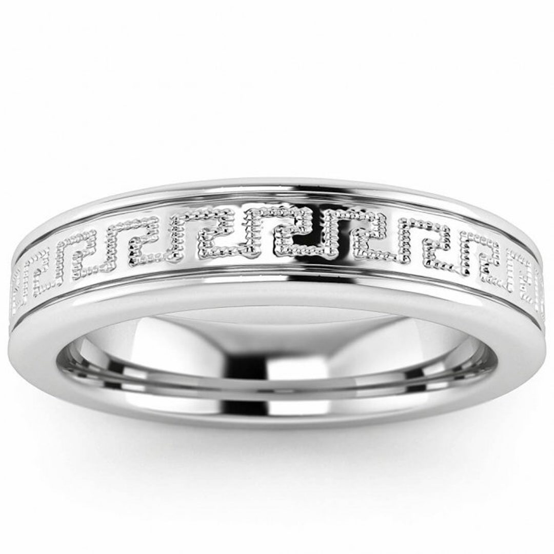 14k White Gold Zeus Greek Wedding Band 5mm, Greek Key Engraving