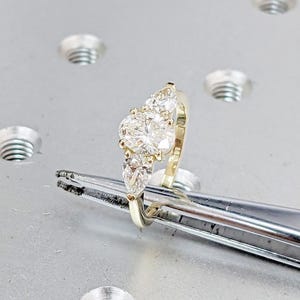 14k Gold Oval Lab Created Diamond Rings for Women | Three Stone Diamond and Moissanite Engagement Ring | Art Deco Promise Anniversary Ring