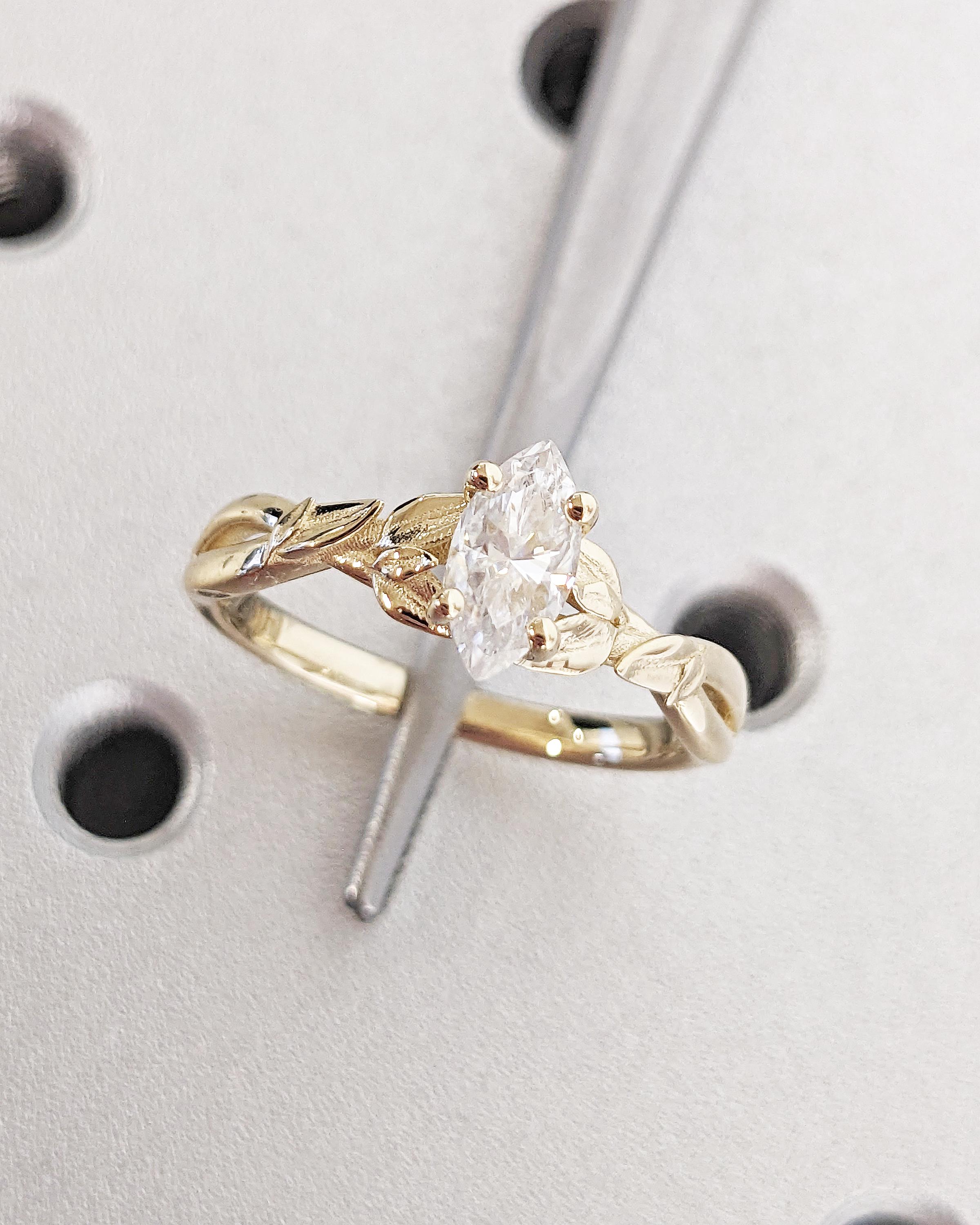 Nature Inspired Marquise Moissanite Engagement Ring, Laurel Leaves Design Wedding Ring, Vintage 14K Yellow Gold Handcrafted Anniversary Ring