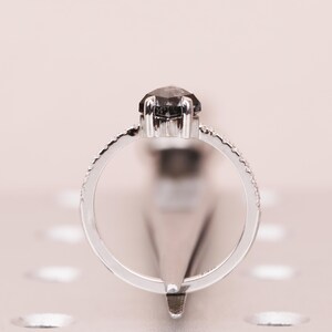 Puede incluir: Un anillo plateado con una gema grande de color gris oscuro en el centro. La banda est&aacute; adornada con peque&ntilde;as piedras claras. El anillo se presenta sobre un fondo rosa claro, creando un contraste.