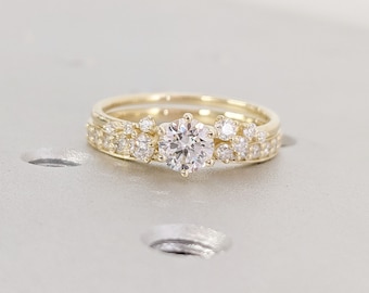 Round cut Lab Grown Diamond Engagement Anniversary Ring for Her | 14K Yellow Gold Moissanite Stacking Ring | Unique Snowdrift Proposal Ring