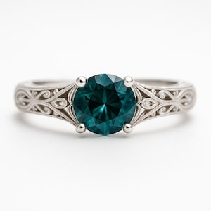 Vintage Round Teal Sapphire Engagement Ring | Unique Blue-Green Sapphire Gemstone Wedding Ring | 14k Real White Gold Promise Ring For Women