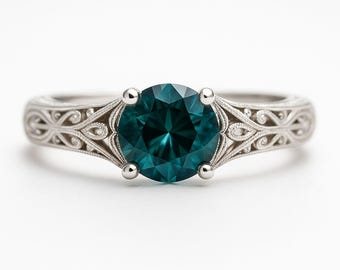 Vintage Round Teal Sapphire Engagement Ring | Unique Blue-Green Sapphire Gemstone Wedding Ring | 14k Real White Gold Promise Ring For Women