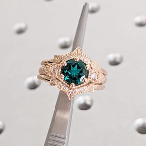 Art Deco 14k Solid Gold Emerald and Diamond Engagement Ring 3pcs Set | Round cut 6.5mm Emerald Ring | Rose Gold Promise Ring, May Birthstone