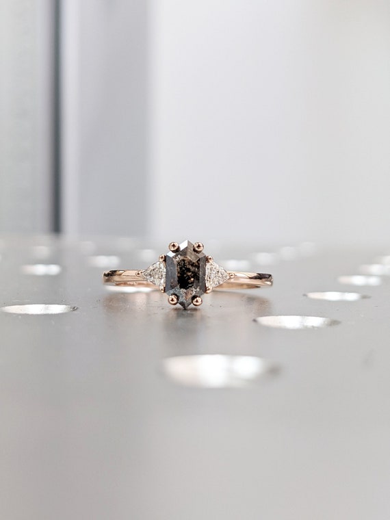 Raw Diamond Hexagon Triangle Diamond & Moissanite, Salt and Pepper, Unique Bridal Engagement Set, Rose Cut Geometric Diamond Ring