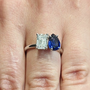 1 Carat Double Stone Engagement Ring Pear Cut Blue Sapphire and Emerald Cut Lab Diamond Two Stone Wedding Ring 14K Real Gold Toi Et Moi Ring