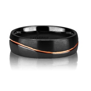 Black Tungsten Ring Curved Rose Gold Wedding Band Ring Tungsten 6mm 18K Tungsten Ring Man Band Male Women Rose Gold Ring image 1