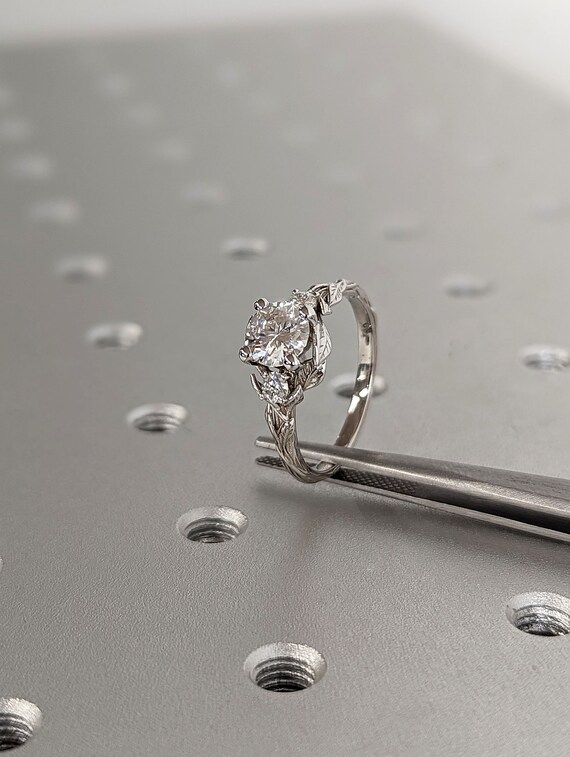1ct Round Lab Diamond Engagement Ring | 14K White Gold Diamond Promise Ring | Unique Nature Inspired Vine and Lily Flower Gemstone Jewelry