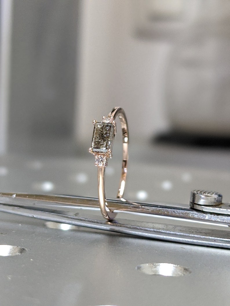 Delicate Emerald Baguette Raw Salt and Pepper Diamond Gold Etsy