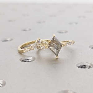 14k Gold Braut Ring Set, Salz und Pfeffer Diamant Ring, Einzigartige Verlobungsring Set, Lab Diamant Chevron Ring, Jubiläumsgeschenk, Drachen Ring