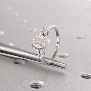 14k Gold Nature Inspired Engagement Ring, Dainty Oval Moissanite Ring, Moissanite and Diamond Cluster Ring, Unique Flower Ring, Bridal Gift