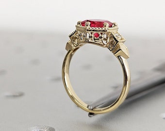 14K Solid Gold Ruby July Birthstone Ring, Round Cut Diamond Trellis Ring, Vintage Dainty Ruby Ring, Stackable Red Gemstone Handmade Jewelry