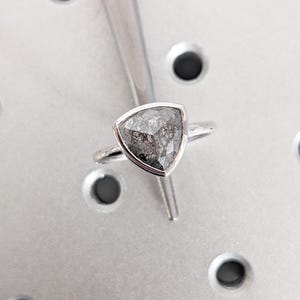 Salt and Pepper Diamond Ring, 14k White Gold Engagement Ring, Trillion Cut Diamond Ring, Minimalist Bezel Set Ring, Simple Rings for Women
