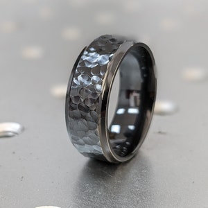 Mens Wedding Band Comfort Fit Hammered Black Zirconium Ring Black Zirconium Wedding Band 8mm Curved Edges Brushed Finish