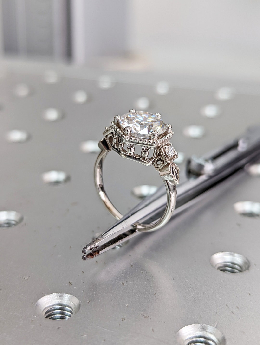 Vintage Lab Diamond Engagement Ring 14k White Gold Diamond Art Deco