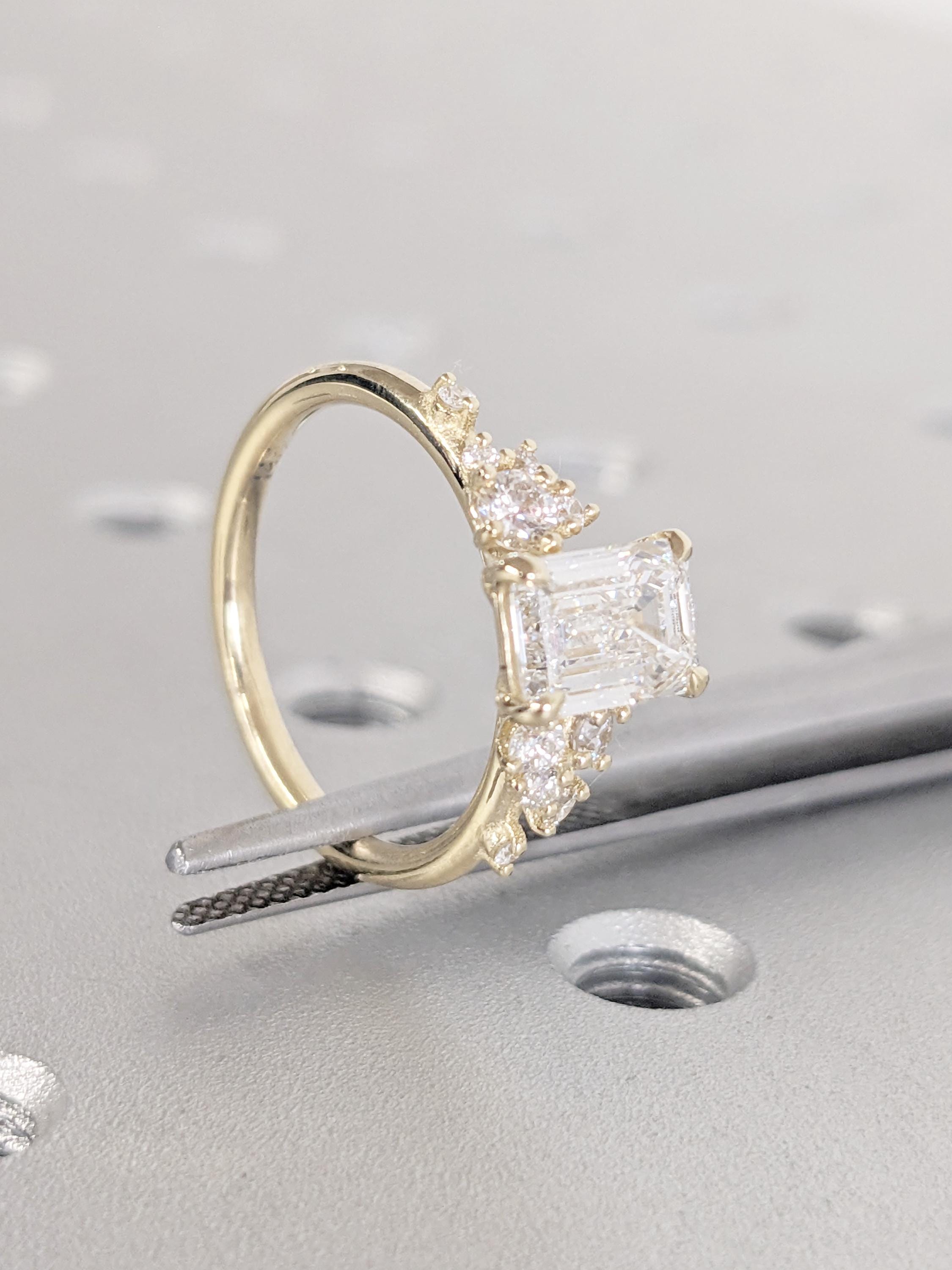 Emerald Cut Snowdrift Lab Diamond Ring, 14k Yellow Gold Statement Ring ...