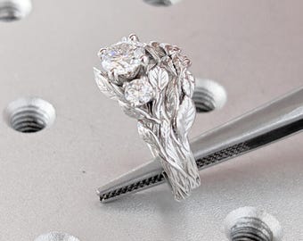 Nature Inspired Ring | Lab Grown Diamond Engagement Ring Set | 14k White Gold Leaves Wedding Band | Unique Bridal Set | Leaf Ring Set
