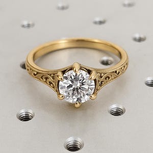 Unique Round Moissanite Promise Ring / Vintage Milgrain Filigree Ring / 14K Yellow Gold Art Deco Engagement Ring / Classic Anniversary Ring